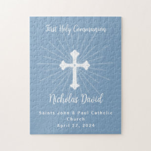 Dusty Blue First Communion with Cross Jigsaw Puzzle