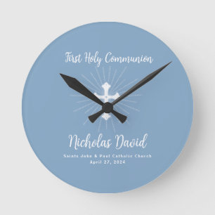 Dusty Blue First Communion with Cross Round Clock