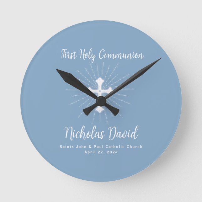 Dusty Blue First Communion with Cross Round Clock (Front)