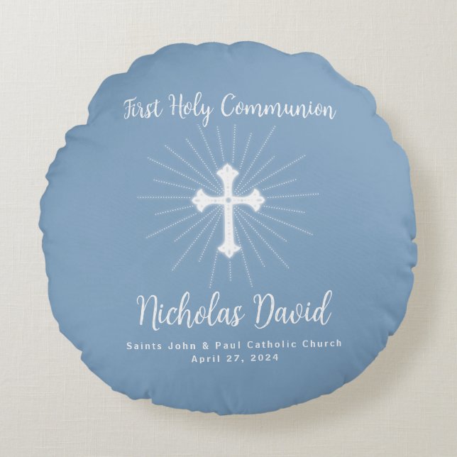 Dusty Blue First Communion with Cross Round Pillow (Front)