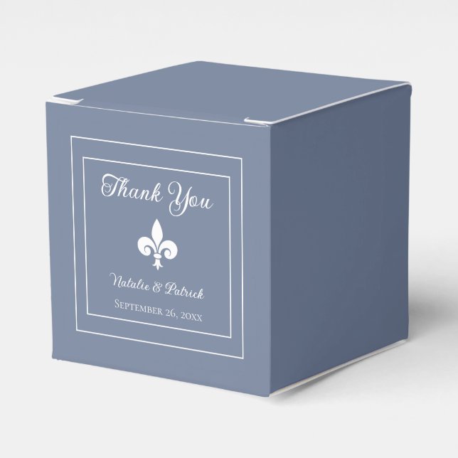 Dusty Blue Fleur de Lis Wedding Favour Boxes (Front Side)