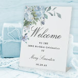Dusty Blue Floral 100th Birthday Party Welcome Pedestal Sign<br><div class="desc">Welcome guests to your 100 th birthday party with this elegant dusty blue floral design. A lush arrangement of blue flowers is placed at the top. Welcome is written in a large trending font. The remainder of the text is a classic combination of an upright and italic font. Very easy...</div>