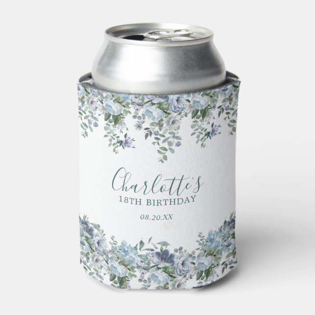 Dusty Blue Floral 18th Birthday Custom Can Cooler (Can Front)
