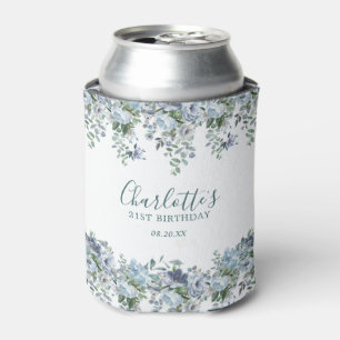 Dusty Blue Floral 21st Birthday Custom Can Cooler