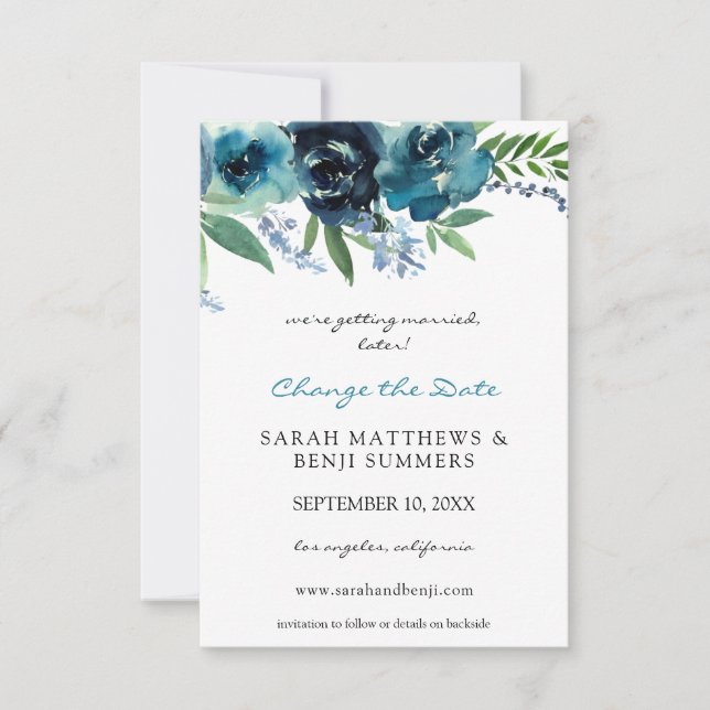 Dusty Blue Floral 2 Change the Date Save The Date (Front)