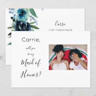 Dusty Blue Floral 2 Maid of Honour Proposal Photo  Invitation