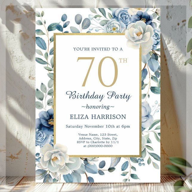 Dusty Blue Floral 70th Birthday  Invitation (Creator Uploaded)