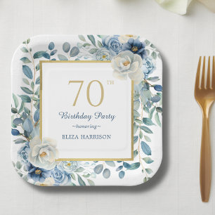 Dusty Blue Floral 70th Birthday  Paper Plate