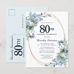 Dusty Blue Floral 80th Birthday Pretty Invitation  Postcard