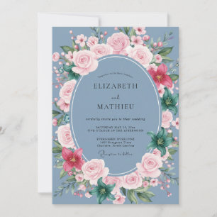 Dusty Blue Floral Aesthetic Wedding Invitation