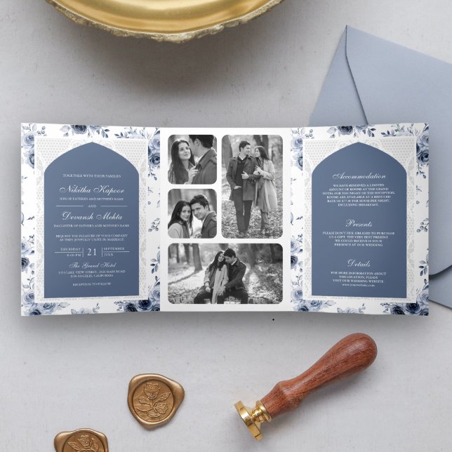 Dusty Blue Floral All in One Lace Indian Wedding Tri-Fold Invitation (Creator Uploaded)