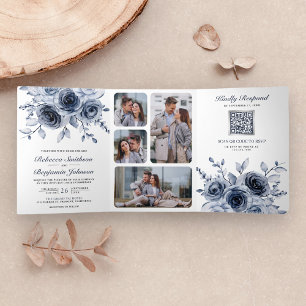 Dusty Blue Floral All in One QR Code Wedding Tri-Fold Invitation