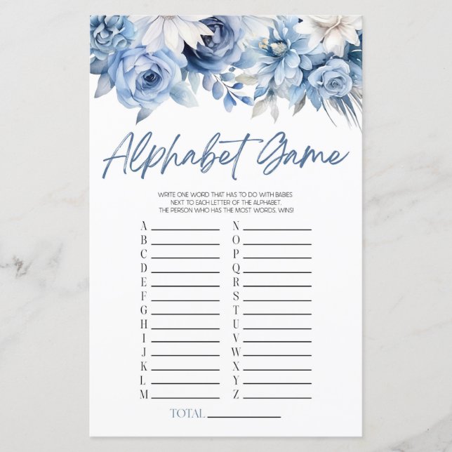 Dusty Blue Floral Alphabet Baby Shower Game (Front)