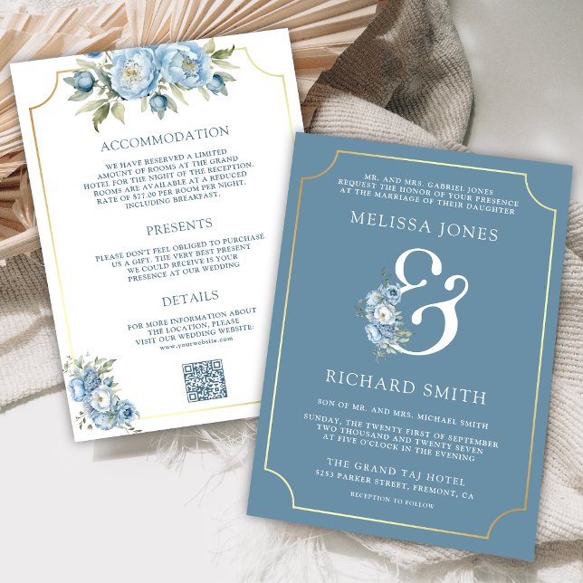 Dusty Blue Floral Ampersand All in One Wedding Invitation (Creator Uploaded)