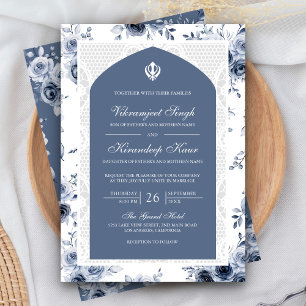 Dusty Blue Floral Anand Karaj Punjabi Sikh Wedding Invitation