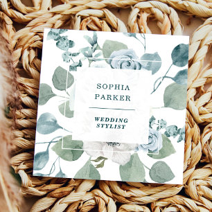 Dusty Blue Floral and Eucalyptus Square Business Card