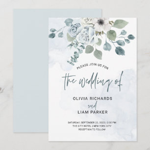 Dusty Blue Floral and Eucalyptus Wedding Invitation