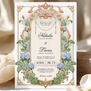 Dusty Blue Floral and Gold Wedding Invitation 