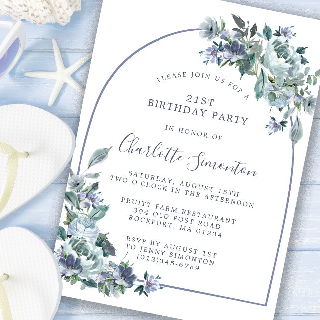 Dusty Blue Floral Arch 21st Birthday Invitation (Creator Uploaded)