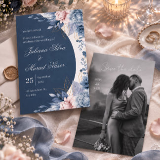 Dusty Blue Floral Arch Wedding Invitation
