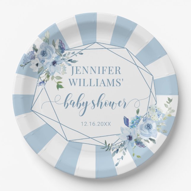 Dusty blue floral baby boy shower paper plates (Front)