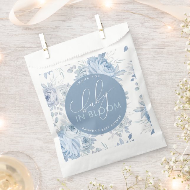 Dusty Blue Floral Baby in Bloom Baby Shower Favour Bag (Clipped)