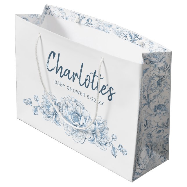 Dusty Blue Floral Baby shower Grand sac cadeau (Dos Angle)