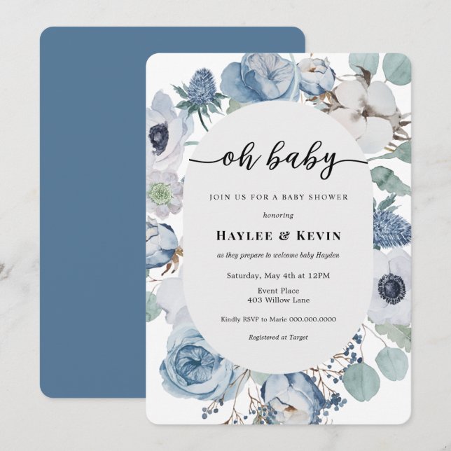 Dusty Blue Floral = Baby Shower Invitation (Front/Back)