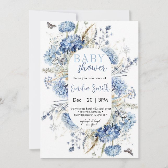 Dusty Blue Floral Baby shower Invitation (Front)