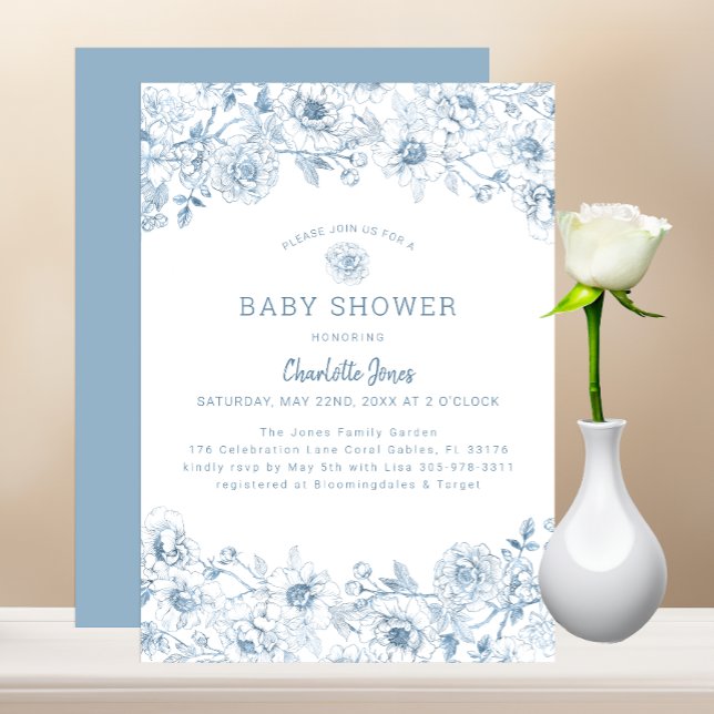 Dusty Blue Floral Baby shower Invitation avec élég (Dusty Blue Baby Shower Invitation)