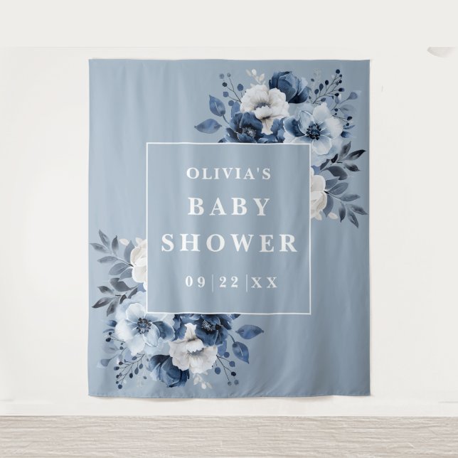 Dusty Blue Floral Baby Shower Photo Backdrop Tapestry (Front)