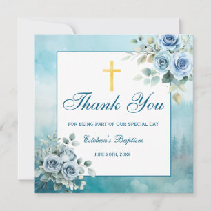 Dusty Blue Floral Baptism Boy Religious Thank You Card