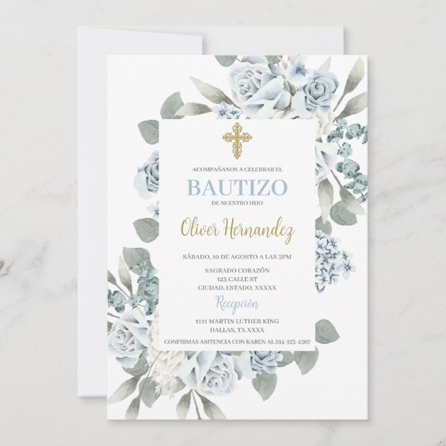 Dusty Blue Floral Bautizo Espagne Invitation (Devant)