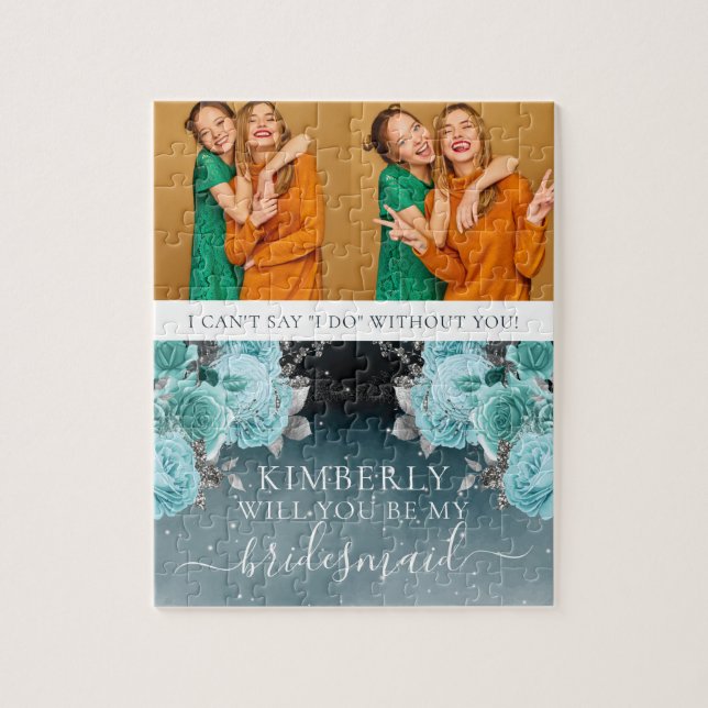 Dusty Blue Floral Be My Bridesmaid Photo Jigsaw Puzzle (Vertical)