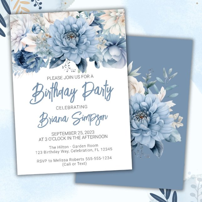 Dusty Blue Floral Birthday Party Invitation (Creator Uploaded)
