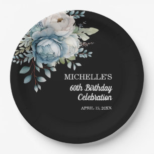 Dusty Blue Floral Black 60th Birthday Paper Plate