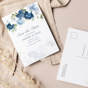 Dusty Blue Floral Bloom Eucalyptus Save the Date Announcement Postcard