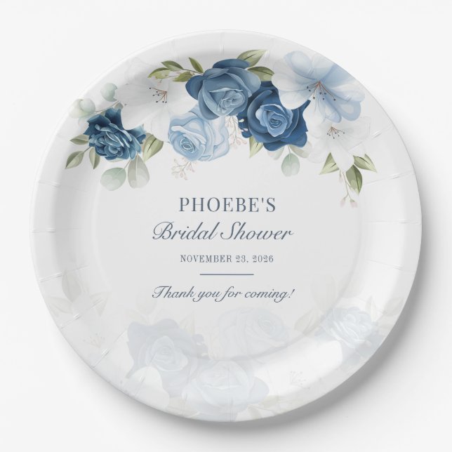 Dusty Blue Floral Bloom Eucalyptus Succulent Paper Plate (Front)