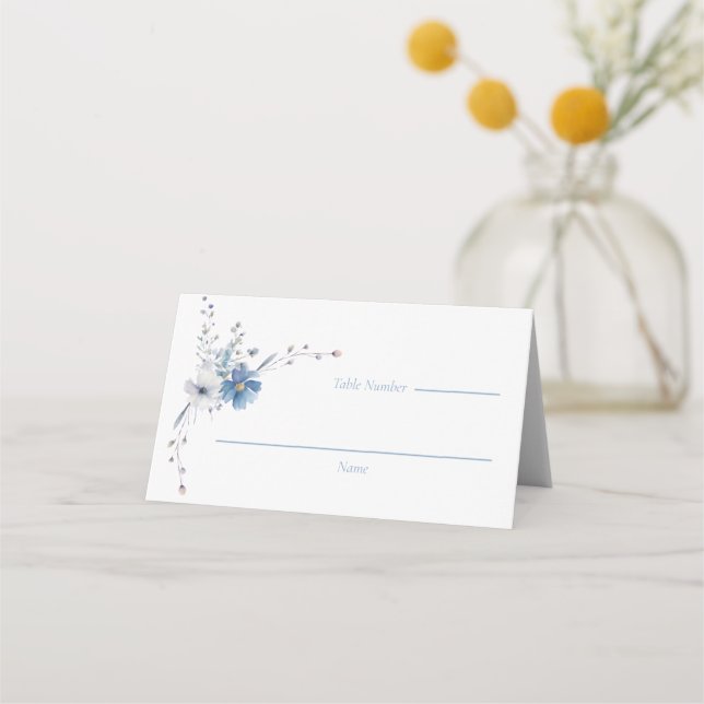 Dusty Blue Floral Bloom  Wedding Place Card (Front)