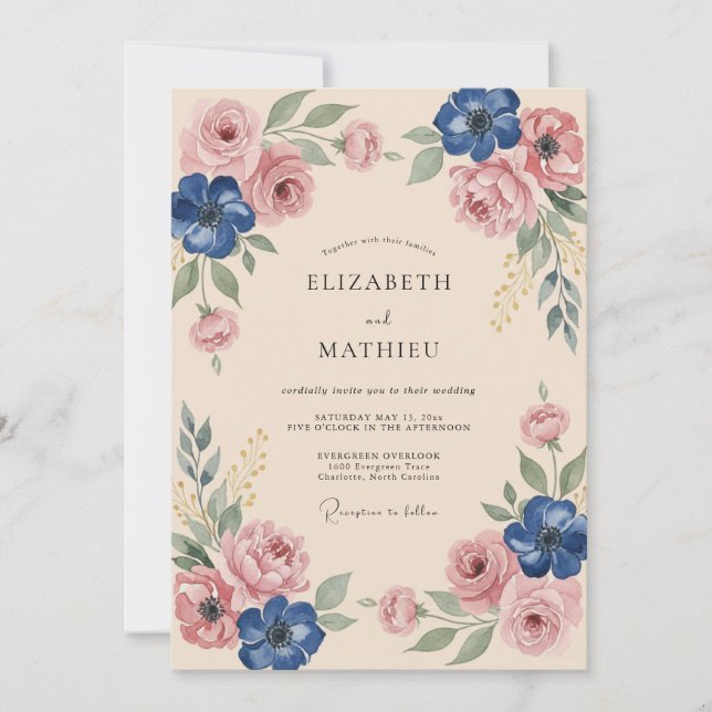 Dusty Blue Floral Blush Wedding Invitation (Front)