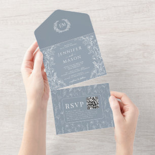 Dusty blue floral bohemian classic wedding all in one invitation