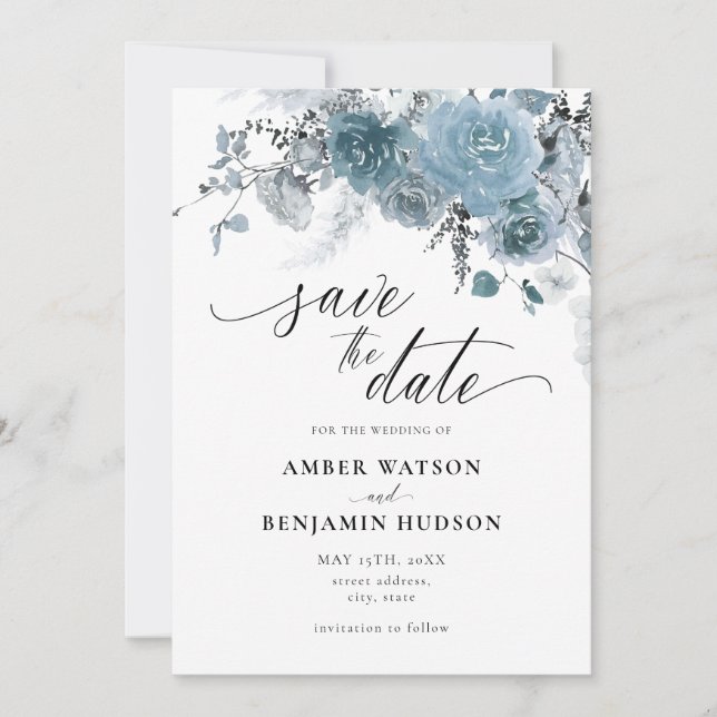 Dusty Blue Floral Bohemian Wedding Save The Date Invitation (Front)