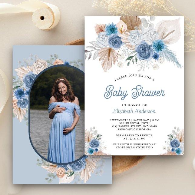 Dusty Blue Floral Boho Pampas Photo Baby Shower Invitation (Creator Uploaded)