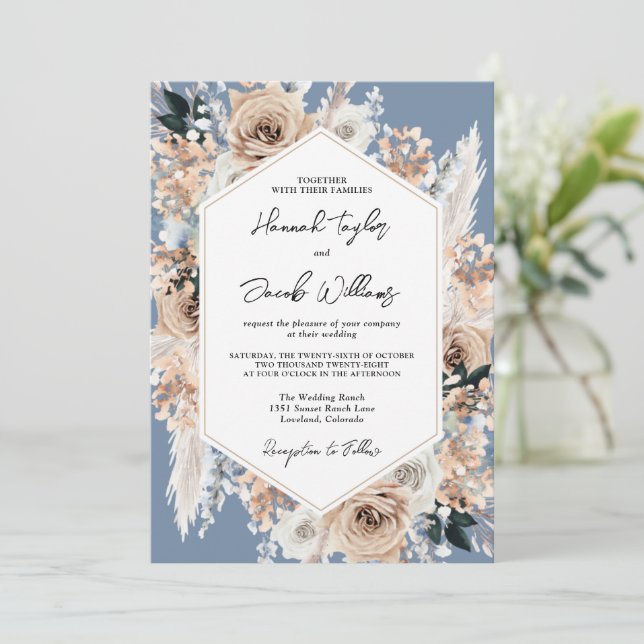 Dusty Blue Floral Boho Wedding Invitation (Standing Front)