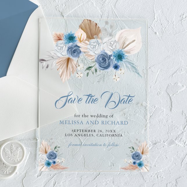 Dusty Blue Floral Boho Wedding Save the Date Acrylic Invitations (Creator Uploaded)