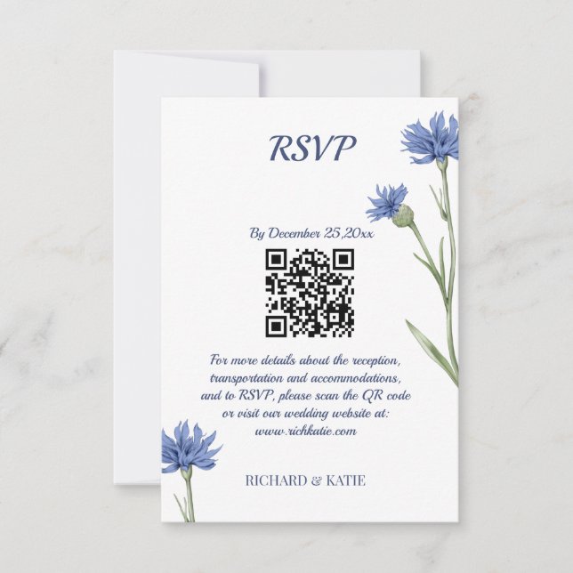 Dusty Blue Floral Bold Stylish QR Code carte RSVP (Devant)