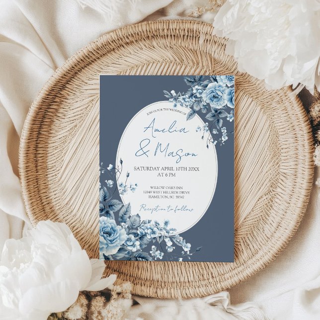 Dusty Blue Floral Botanical Elegant Wedding  Invitation (Dusty Blue Floral Botanical Elegant Wedding Invitation)