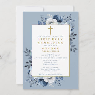 Dusty Blue Floral Botanical First Holy Communion Invitation