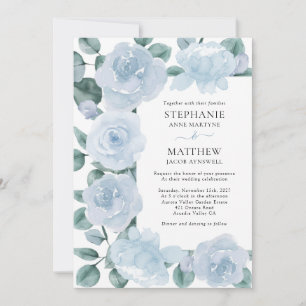 Dusty Blue Floral Botanical Roses Wedding Invitation