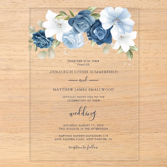 Dusty Blue Floral Botanical Wedding Acrylic Invitations (Front)